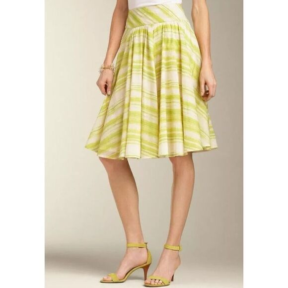 Talbots Flowy Mid Length Cotton Lined Flared Green Yellow White Skirt Size 12P - Picture 1 of 8